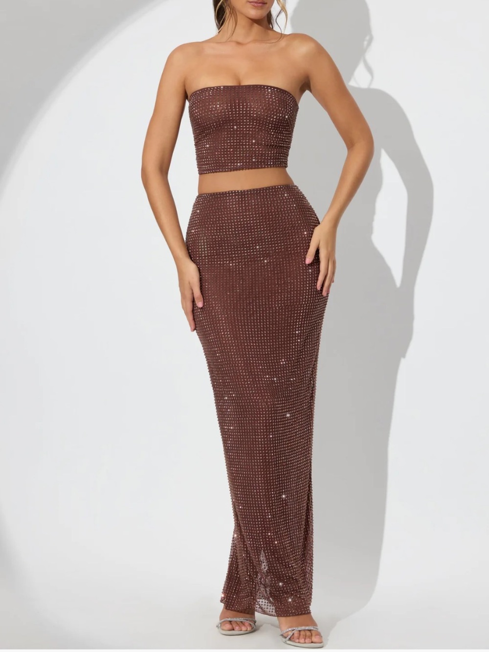 Oh Polly Brown Sequin Strapless Maxi Set